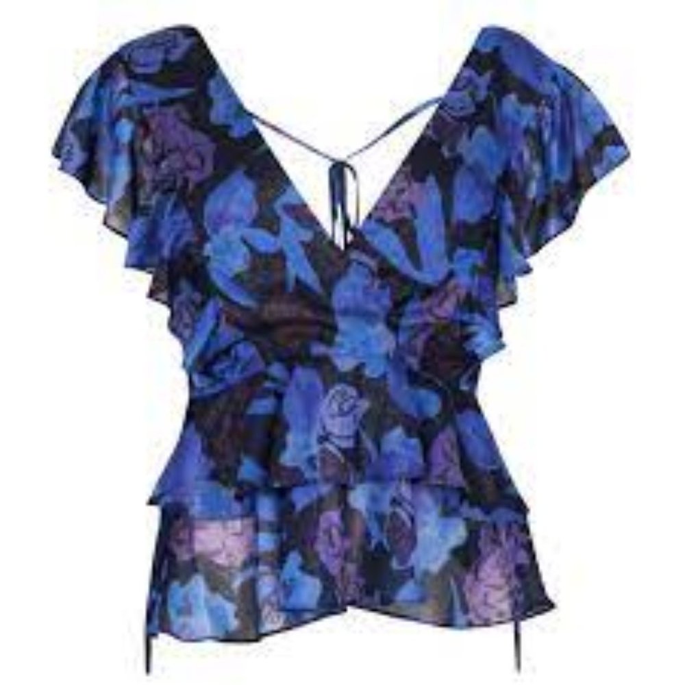 TED BAKER Rowyn Printed Ruffled Blouse in Blue, Size 2